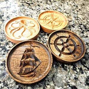 Hand Carved Oak Nautical Coasters Set – Pirate Ship, Compass, Octopus, Helm – Wooden Drink Coasters with Lip – Coastal Decor Gift
