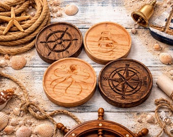 Carved Oak Nautical Coasters – Pirate Ship, Compass, Octopus, Helm – Coastal Drinkware Set