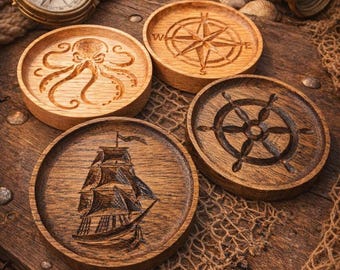 Carved Oak Nautical Coasters – Pirate Ship, Compass, Octopus, Helm Set