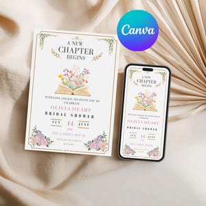 May include: A rectangular bridal shower invitation card and a smartphone displaying the same design. The invitation features the text A NEW CHAPTER BEGINS, a watercolor illustration of an open book with colorful wildflowers, and event details.