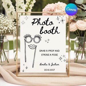 Photo Booth Wedding Sign, Grab a Prop and Strike a Pose,  Whimsical Table Sign, Editable Canva Template