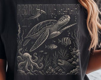Comfort Colors Sea Turtle Shirt, Ocean Graphic T-Shirt, Respect the Depths Tee, Marine Life Shirt, Coastal Nature Tee, Sea Turtle Lover Gift