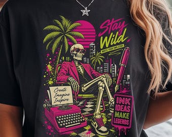 Stay Wild Skeleton Shirt, Retro Neon Graphic Tee, Vintage Synthwave T-Shirt, Creative Artist Shirt, Skull Graphic Tee, Comfort Colors Shirt