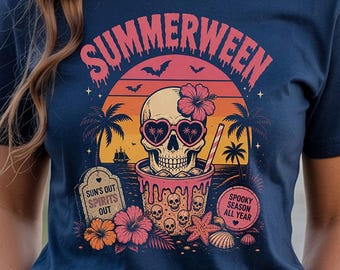 Comfort Colors Summerween Shirt, Pink Skull Graphic Tee, Spooky Beach Shirt, Halloween Vacation T-Shirt, Tropical Goth Tee