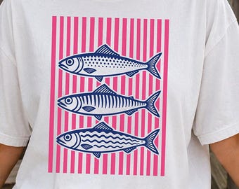 Sardine Comfort Colors Shirt, Retro Sardines Graphic Tee, Coastal Fish T-Shirt, Mediterranean Seafood Shirt, Pink Striped Nautical Tee