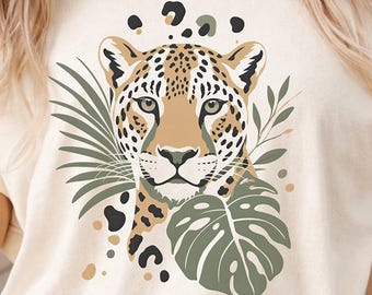 Leopard Graphic Comfort Colors Shirt, Safari Animal Tee, Jungle Aesthetic T-Shirt, Botanical Leopard Shirt, Wildlife Graphic Top