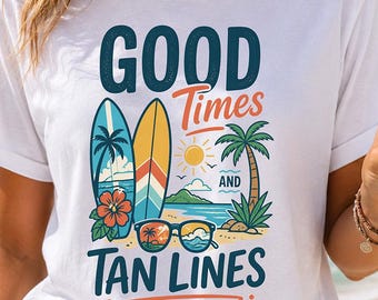 Comfort Colors Good Times and Tan Lines Shirt, Surf Graphic Tee, Beach Lover T-Shirt, Tropical Vacation Shirt, Coastal Summer Tee