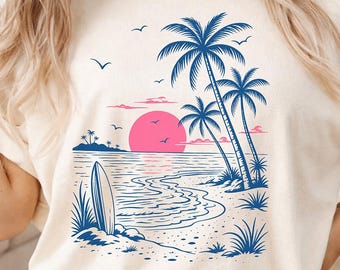 Comfort Colors Beach Shirt, Tropical Sunset Graphic Tee, Palm Tree T-Shirt, Surfing Shirt, Coastal Summer Tee, Ocean Lover Gift.