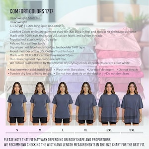 May include: A Comfort Colors 1717 heavyweight adult t-shirt made from 100% ring spun cotton. The image features a stack of folded t-shirts in various pastel colours and a row of six individuals wearing the same style in sizes ranging from S to 3XL.