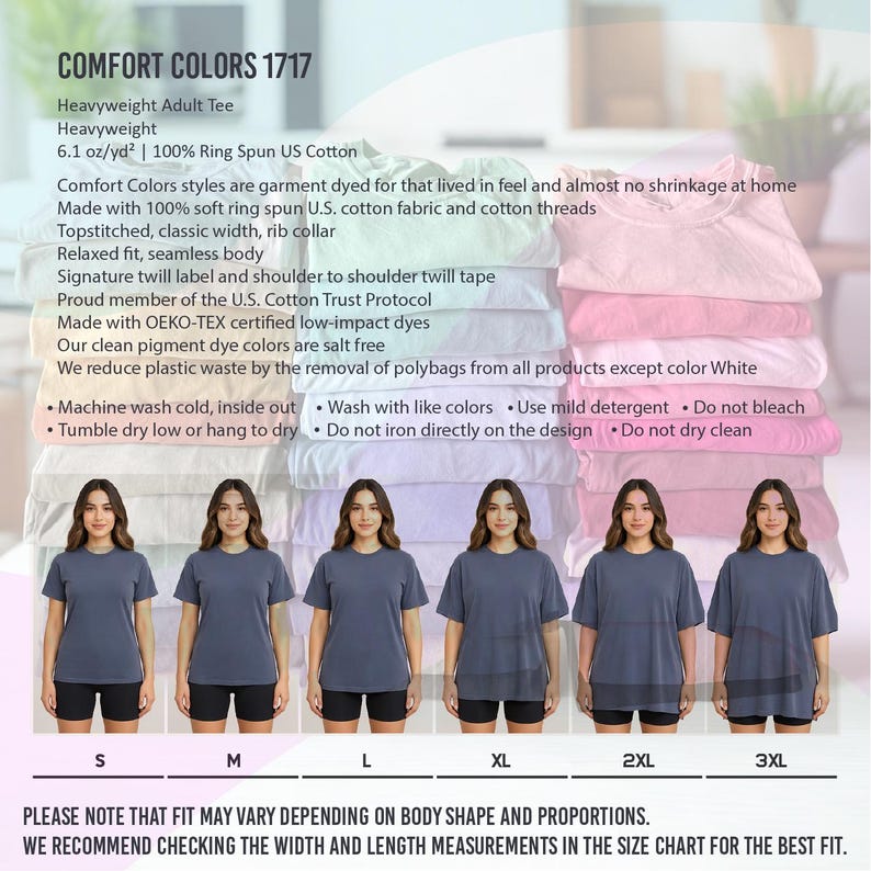 May include: A Comfort Colors 1717 heavyweight adult t-shirt made from 100% ring spun cotton. The image features a stack of folded t-shirts in various pastel colours and a row of six individuals wearing the same style in sizes ranging from S to 3XL.