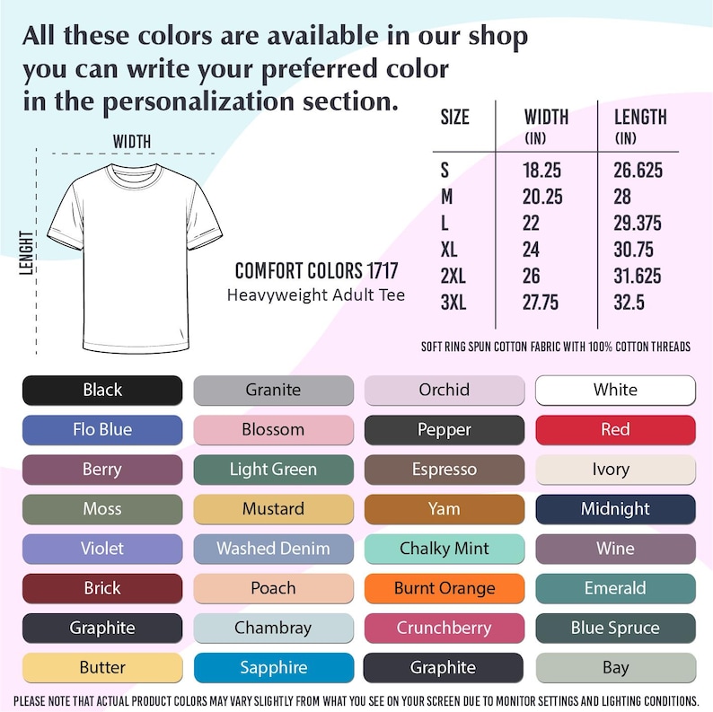 May include: A Comfort Colors 1717 heavyweight adult tee size chart with a line drawing of a t-shirt, a table listing widths and lengths in inches from sizes S to 3XL, and a grid of colour swatches including Black, White, Red, and Blue.