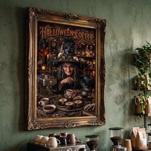 May include: A framed wall art piece titled Halloween Coffee featuring an illustration of a witch in a pointed hat surrounded by coffee equipment and mugs. The artwork is displayed in a dark ornate frame on a green wall above a coffee station.