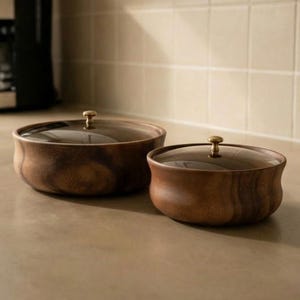 May include: Two wooden bowls with glass lids and brass knobs sit on a countertop. The bowls are different sizes and have a warm, natural wood grain. A coffee maker and a white canister are in the background.