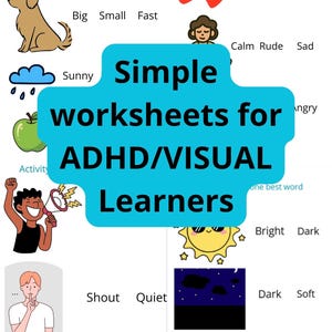 Arkusze do nauki przymiotników | ADHD, aktywność dla osób uczących się wzrokowo (plik do pobrania w wersji cyfrowej) | Słownictwo wizualne | Zasób edukacyjny dla przedszkolaków