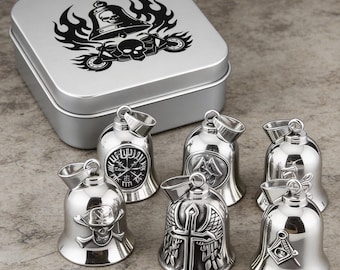 316L Stainless Steel Gremlin Bell Motorcycle Guardian Bell Biker Lucky Charm Pendant Keychain Gift Box Set for Men Rider Protection