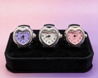 Vintage Clock Ring Watch Heart Shape | Punk Roman Quartz Finger Watch Ring | Adjustable Elastic Strap Jewelry Watch Ring for Couples