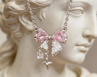 Y2K Pink Heart Necklace, Crystal Bow Pendant, Cute Aesthetic Jewelry, Clavicle Chain for Women, Trendy Girly Gift