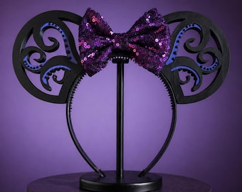 Ursula Inspired Mouse Ears Headband, Optional Purple Sequin Bow, Villain Theme Park Accessory