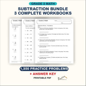 Può includere: Un pacchetto di matematica per la seconda elementare con tre quaderni di esercizi completi, 1.350 problemi e una chiave di risposta. Le pagine PDF stampabili mostrano sottrazioni a due cifre, addizioni di base e problemi scritti.