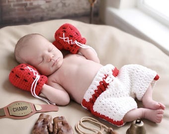Crochet Baby Boxing Gloves and Shorts Set - Newborn Photo Prop Boxing Outfit