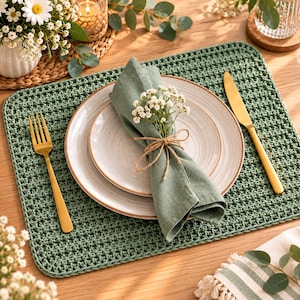 May include: A sage green crocheted rectangular placemat featuring a textured stitch pattern with rounded corners. The setting includes two stacked off-white ceramic plates, a sage green linen napkin tied with twine, a gold fork, and a gold knife.