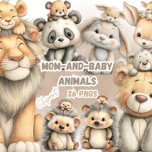 Op de afbeelding: Een digitale illustratie met schattige babydieren, waaronder een leeuw, een panda, een konijn, een hert, een beer en egels, elk met een babydier erop. De tekst "MOM-AND-BABY ANIMALS" en "26 PNGS" is ook aanwezig.