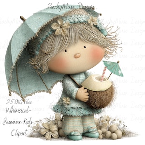 Puede incluir: Una ilustración caprichosa de un niño sosteniendo una bebida de coco y un paraguas. El niño lleva un vestido y zapatos azules. El paraguas y la bebida tienen un color azul a juego. La imagen incluye el texto "25 PNG Files Whimsical- Summer-Kids- Clipart."
