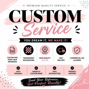 May include: A white and pink graphic advertisement featuring the text CUSTOM Service and YOU DREAM IT, WE MAKE IT! Icons represent PNG files, transparent backgrounds, 300 DPI quality, fast delivery, and commercial use. Includes 100% original text.