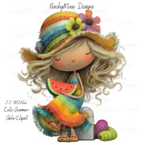 May include: A digital illustration of a girl wearing a colorful hat and dress, holding a watermelon slice. The hat is decorated with flowers and rainbow stripes. The image includes the text "22 PNG Files Cute-Summer-Girls-Clipart."