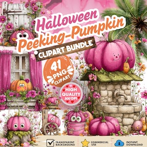 Könnte beinhalten: Ein digitales Halloween Peeking-Pumpkin Clipart-Paket mit rosa Kürbissen mit großen Augen, einem Steinbrunnen, einem Holzfensterrahmen mit rosa Vorhängen und Blumenakzenten. Der Text lautet Halloween Peeking-Pumpkin CLIPART BUNDLE.