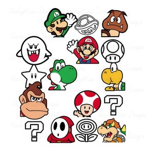 May include: A collection of colorful cartoon character graphics from the Super Mario Bros. video game series. Includes Mario, Luigi, Yoshi, Goomba, Bowser, and other iconic characters and symbols, all with black outlines.