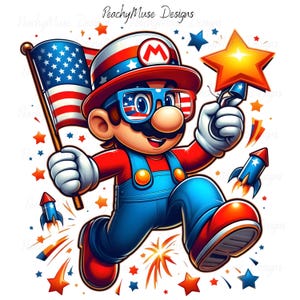 May include: A cartoon character in red, white, and blue attire, holding an American flag and a star-shaped firework. The character wears patriotic glasses and a hat with the letter "M". Fireworks and stars surround the character, celebrating a patriotic theme.