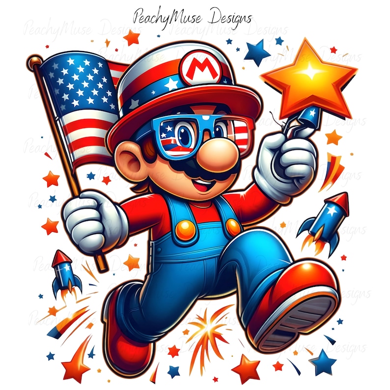 May include: A cartoon character in red, white, and blue attire, holding an American flag and a star-shaped firework. The character wears patriotic glasses and a hat with the letter "M". Fireworks and stars surround the character, celebrating a patriotic theme.