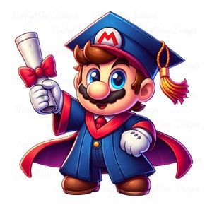May include: A cartoon illustration of Mario in a graduation cap and gown. The blue cap has a red "M" logo. He holds a diploma tied with a red bow. The gown is blue with red trim and a red cape.