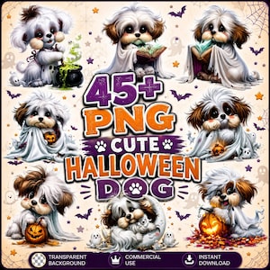 Puede incluir: Una colección digital de más de 45 imágenes PNG con adorables cachorros blancos y marrones en disfraces de Halloween, incluyendo fantasmas, calabazas y libros, con el texto 45+ PNG CUTE HALLOWEEN DOG en el centro sobre fondo claro.