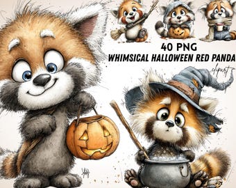40 Whimsical Halloween Red Panda PNG Clipart, Witchy Animal Sublimation Design (Digital Download)