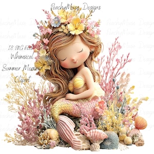 Puede incluir: Ilustración caprichosa de una sirena con los ojos cerrados, adornada con una corona floral y un top de concha amarilla. La sirena está rodeada de coral, conchas marinas y el texto "18 PNG Files Whimsical Summer Mermaid Clipart".