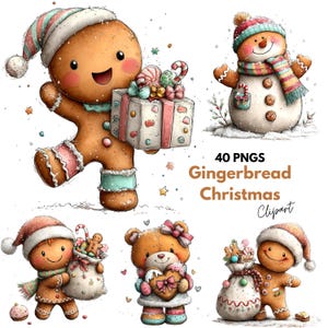 May include: A digital collection of 40 PNGs featuring gingerbread characters, a snowman, and a teddy bear with Christmas themes. The illustrations include a gingerbread person holding a gift, a snowman with a scarf, and characters with gift bags.