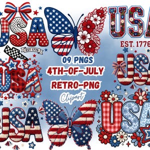 May include: A digital graphic with the word "USA" in diverse styles, butterflies, and stars, in red, white, and blue. The image includes the text "EST. 1776" and "4TH-OF-JULY RETRO-PNG Clipart", perfect for patriotic projects.