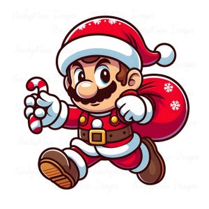 May include: A cartoon illustration of a character dressed as Santa Claus. The character is wearing a red Santa suit, hat, and brown boots, and is holding a candy cane. A red sack with snowflakes is on the character's back.