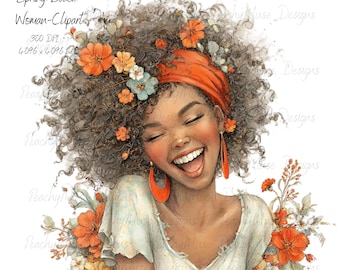 Black Woman Spring Clipart Bundle | Afro Girl PNG | Floral African American Illustration | Whimsical Clipart for Sublimation | 34 PNG