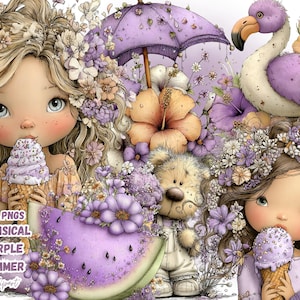 Op de afbeelding: Digitale illustratie met twee meisjes, bloemenkransen en paarse ijsjes. Een paarse flamingo, een teddybeer en een watermeloen zijn omringd door bloemen. De tekst "34 PNGS WHIMSICAL PURPLE SUMMER Clipart".