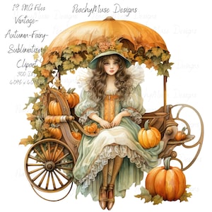 Op de afbeelding: Een digitale illustratie van een fee in een koets, omringd door pompoenen en herfstbladeren. De fee draagt een lichtgroene jurk en een hoed. De koets is versierd met een oranje luifel. Tekst op de afbeelding luidt "Vintage-Autumn-Fairy-Sublimation-Clipart."