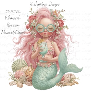 Puede incluir: Una ilustración caprichosa de una sirena con cabello rosado, que lleva una corona floral y gafas redondas de color azul claro. Sostiene un cóctel con una pajita y una sombrilla. La imagen incluye el texto "20 PNG Files Whimsical-Summer-Mermaid-Clipart" y "Peachy Muse Designs".