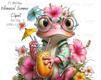 51 JPG Whimsical Summer Clipart Bundle: Animals, Beach Girl, Floral Vacation Graphics (Digital Download)