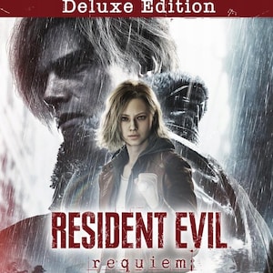 May include: Cover art for "Resident Evil Requiem Deluxe Edition" showing a woman in a brown jacket and a man in the background. The title is in red with a rainy backdrop and zombie figures.