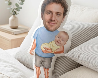 Aangepast gezichtskussen, gepersonaliseerd fotokussen vader en baby, eerste Vaderdagcadeau, grappig cadeau nieuwe vader baby, karikatuurpop