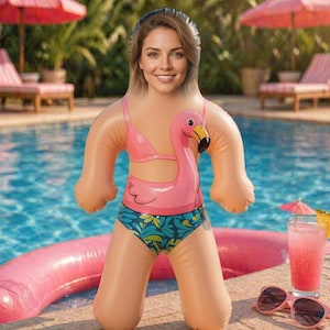 Puede incluir: Un juguete inflable para piscina con forma de persona, con la cara de una mujer y un diseño de flamenco rosa en el torso. El juguete lleva un top de bikini rosa y una parte inferior azul estampada. El fondo incluye una piscina y un cóctel.