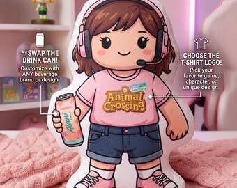 Custom Gamer Girl Shaped Pillow, Personalized Chibi Avatar Plush, Cozy Gaming Room Decor, Custom Energy Drink & T-Shirt Cushion Gift