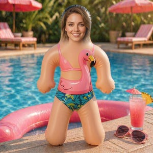 Op de afbeelding: Een opblaasbaar zwembadspeeltje in de vorm van een persoon met een vrouwengezicht, met een roze bikinitop en een blauwgepatroneerde broek. Een roze flamingo-ontwerp staat op de voorkant. Het speelgoed staat in de buurt van een zwembad met een zonnebril en een drankje.